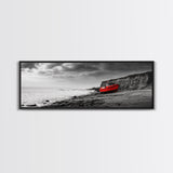 Red Boat, Rocky Shore, Dramatic Sky, Abandoned Vessel, Framed Canvas Print, Nautical Living Room Art, Moody Coastal Home Decor