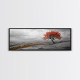 Red Tree, Hilltop Vista, Fall Landscape, Vibrant Nature, Framed Canvas Print, Autumn Wall Art, Living Room Nature Photography