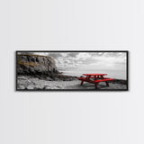 Red Picnic Table, Rocky Shore Cliffs, Bold Coastal View, Framed Canvas Print, Rustic Wall Art, Cabin Decor, Nature Lovers Gift