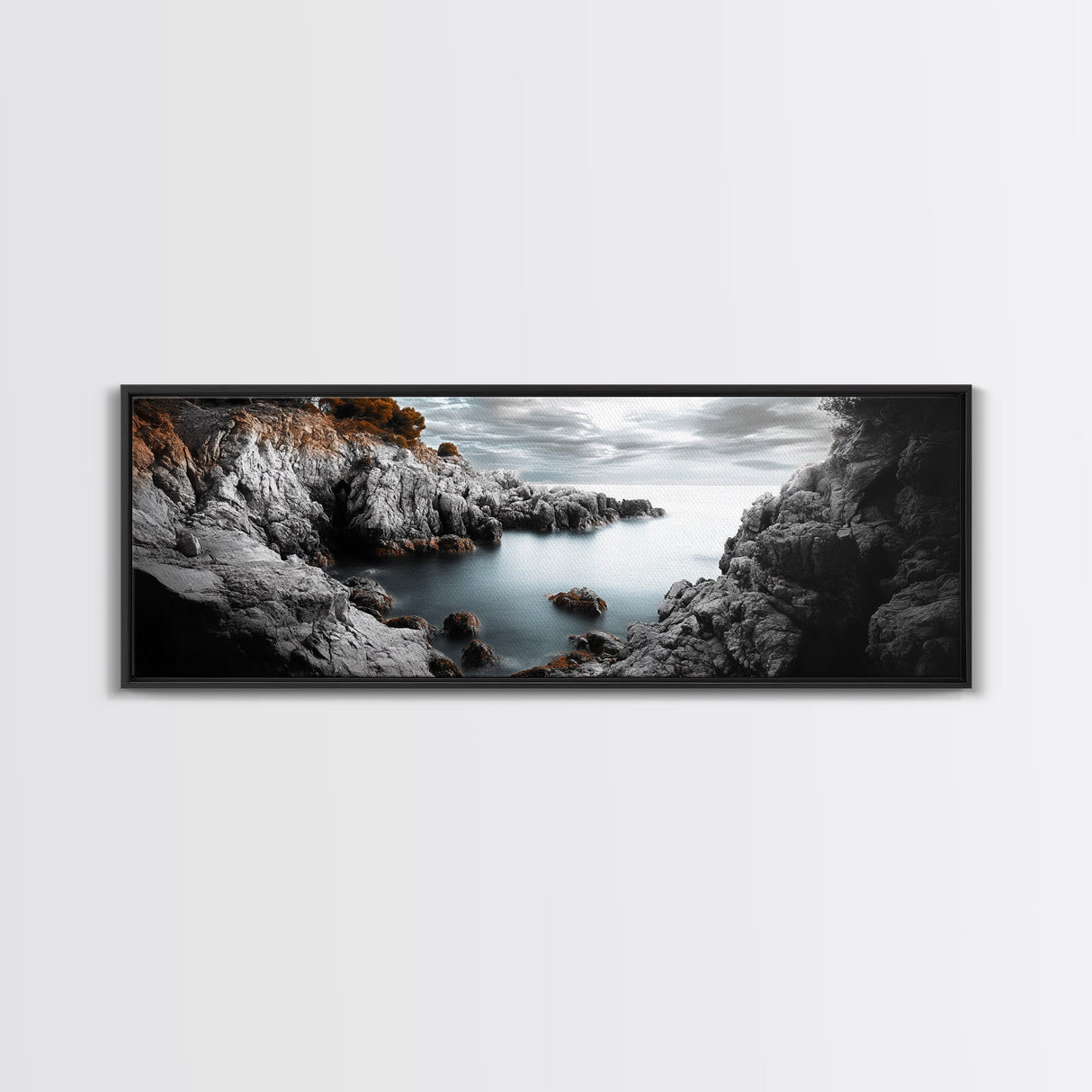 Hidden Rocky Cove, Tranquil Ocean View, Majestic Seascape, Framed Canvas Print, Nature Inspired Wall Art, Bedroom Coastal Decor