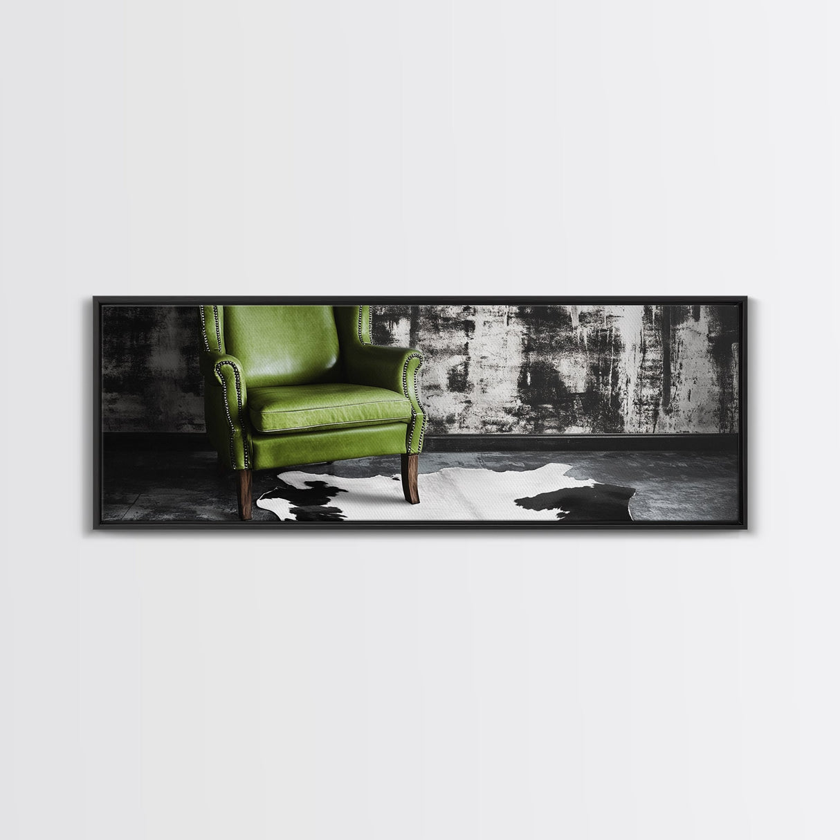 Green Leather Chair, Industrial Urban Scene, Chic Lounge Interior, Framed Canvas Print, Modern Wall Art, Man Cave Office Decor