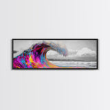 Rainbow Wave Curl, Surf Art Explosion, Vibrant Ocean Energy, Framed Canvas Print, Beach House Decor, Colorful Coastal Wall Art