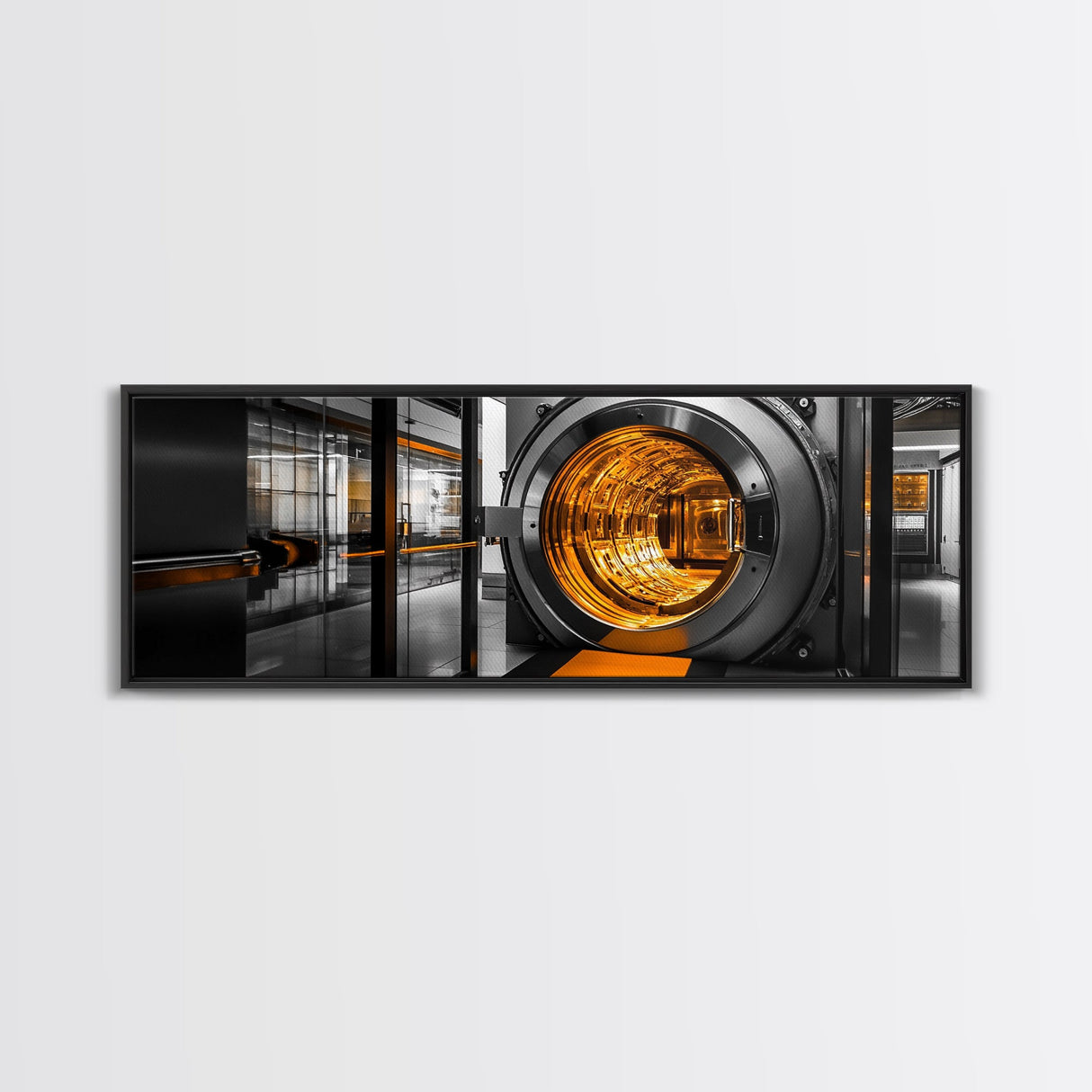 Bank Vault, Futuristic Glow, Industrial Design, Gold Tones, Framed Canvas Print, Office Wall Art, Cyberpunk Decor, Grunge Decor