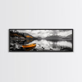 Golden Rowboat Reflections, Lake Mountain Art, Scenic Boat Landscape, Framed Canvas Print, Coastal Wall Art, Fall Living Room Decor