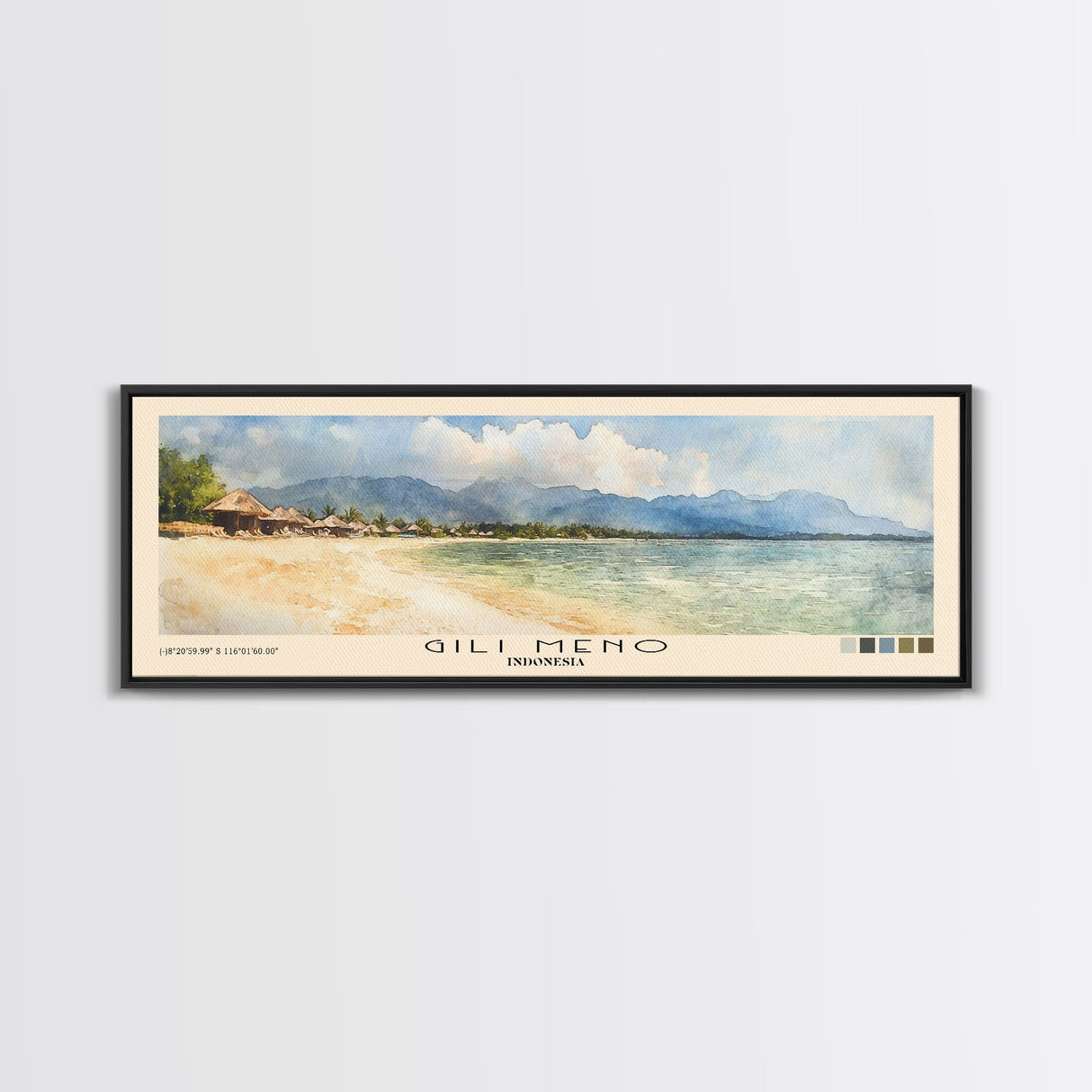 Gili Meno, Indonesia Watercolor Print, Vacation Gift, Indonesia Wall Art, Beach Painting, Beach Decor, Large Wall Art, Wood Frame Art