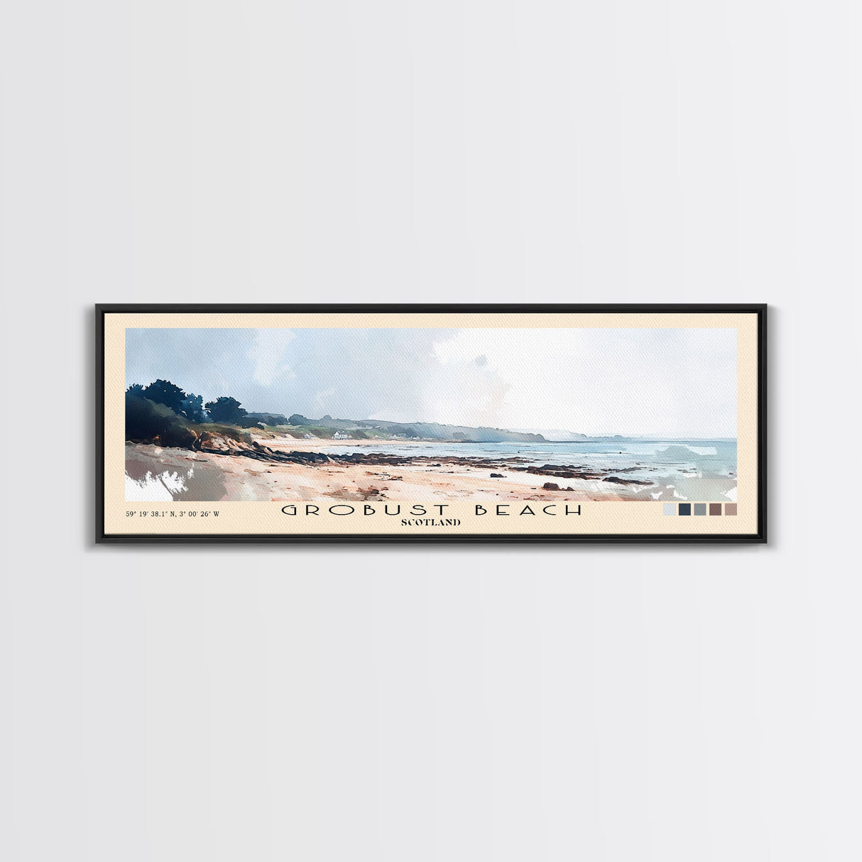 Grobust beach, Scotland Watercolor Print, Vacation Gift, Scotland Wall Art, Beach Painting, Beach Decor, Large Wall Art, Wood Frame Art