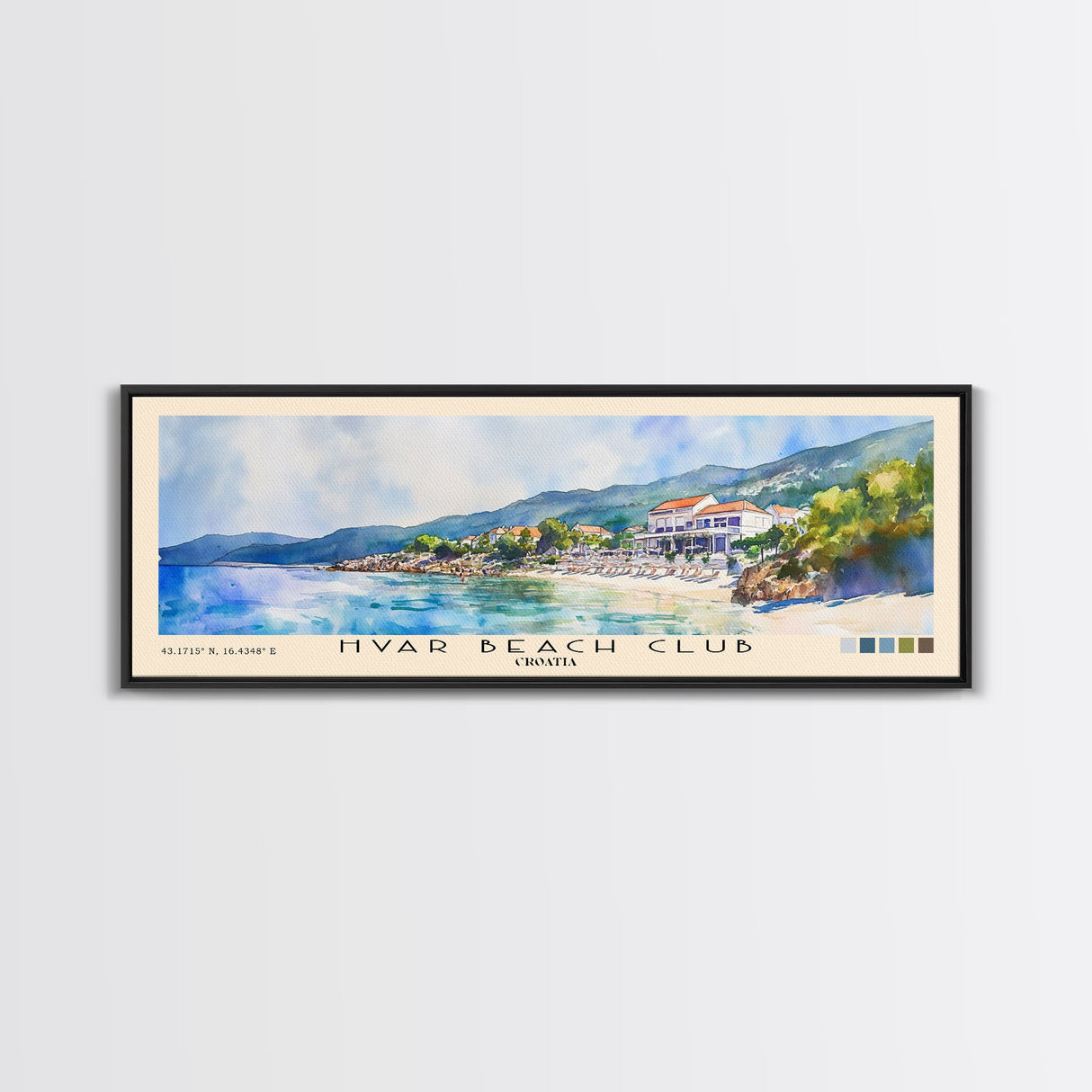 Hvar Beach Club, Croatia Watercolor Print, Vacation Gift, Croatia Wall Art, Beach Painting, Beach Decor, Large Wall Art, Wood Frame Art