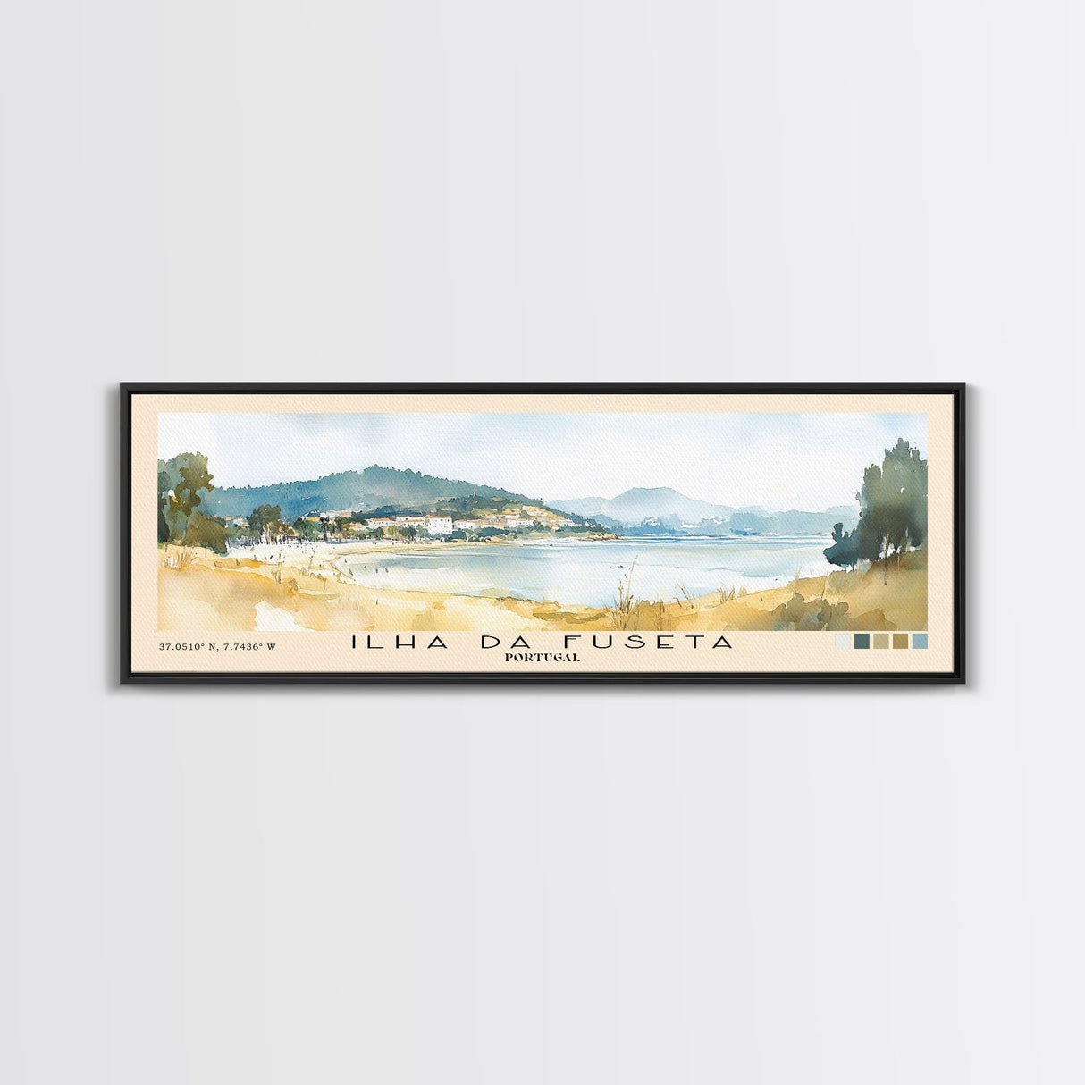 Ilha da Fuseta, Portugal Watercolor Beach Print, Vacation Gift, Portugal Wall Art, Framed Canvas Print, Framed Beach Painting