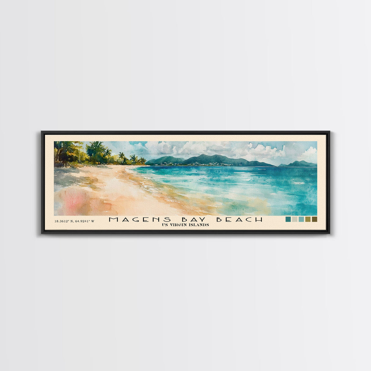 Magens Bay Beach, US Virgin islands Watercolor Beach Print, Vacation Gift, US Virgin islands Wall Art, Framed Canvas Print, Framed Beach Painting
