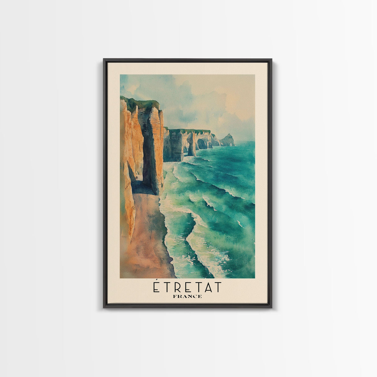 Étretat, France Watercolor Print, Vacation Gift, France Wall Art, Beach Painting, Beach Decor, Large Wall Art, Wood Frame Art