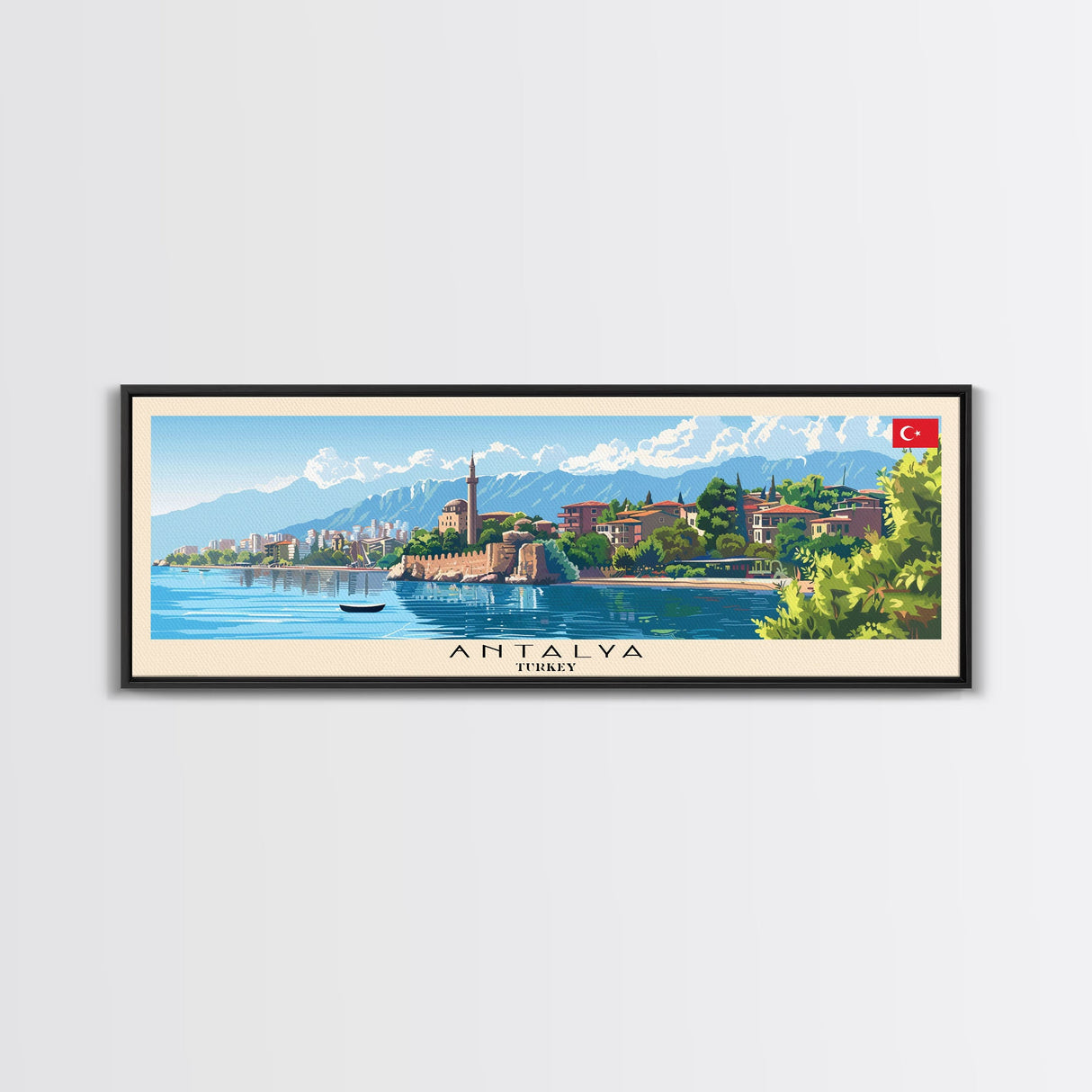 Antalya Turkey Panoramic Travel Poster, Framed Canvas Print or Metal Wall Art, Travel Art, Home Decor, Panoramic Painting, Midcentury Art