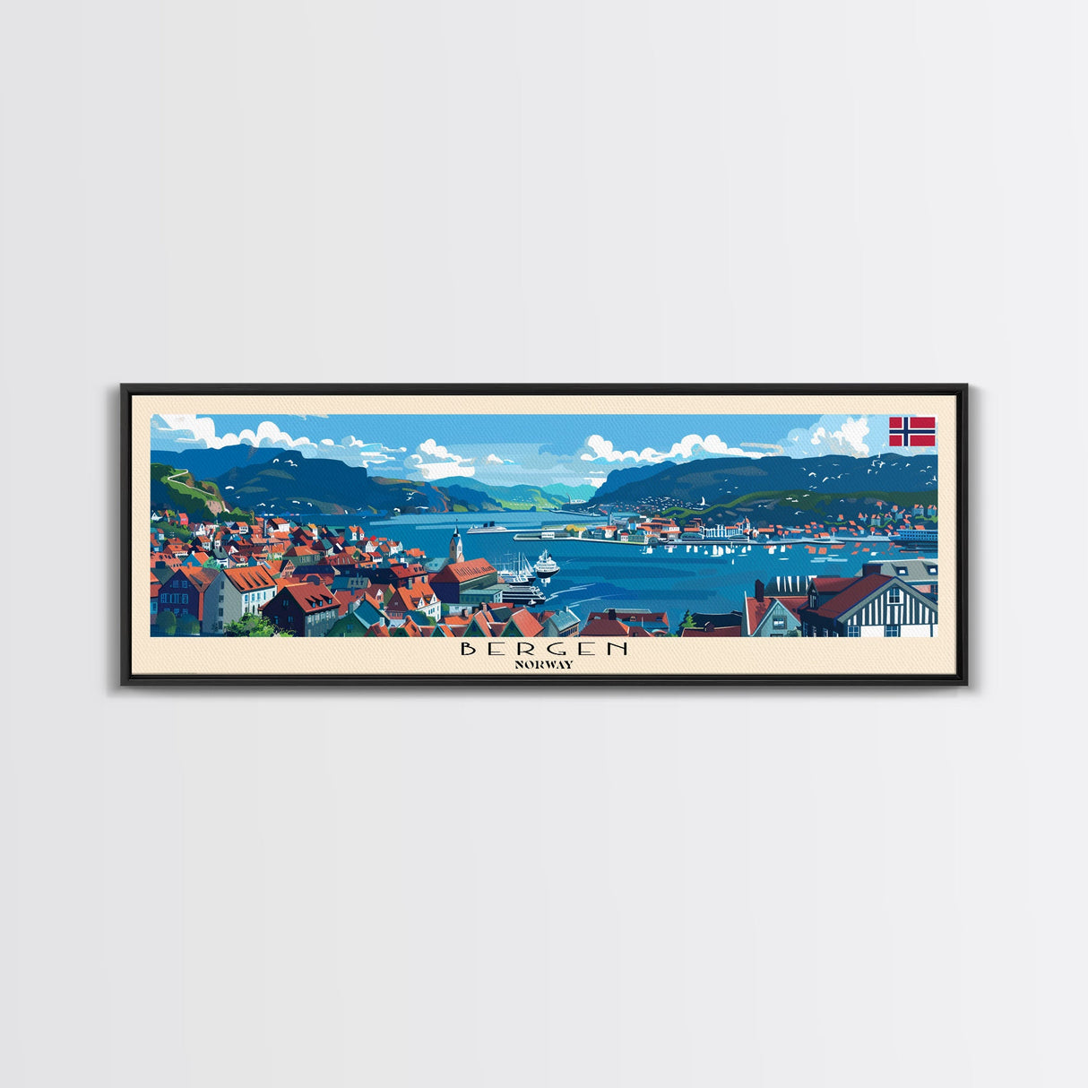 Bergen Norway Wall Art, Panoramic Travel Poster, Panoramic Framed Canvas Print, City Wall Art, Wall Hanging Home Decor, Travel Art