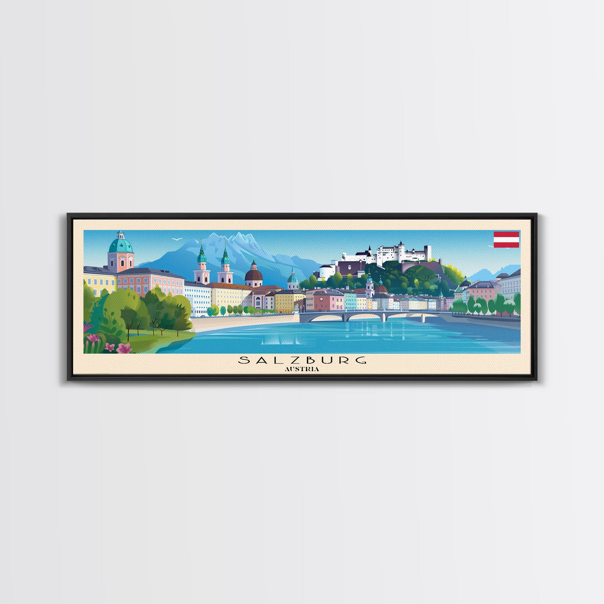Salzburg Austria Panoramic Travel Poster, Framed Canvas Print or Metal Wall Art, Travel Art, Home Decor, Panoramic Painting, Midcentury Art