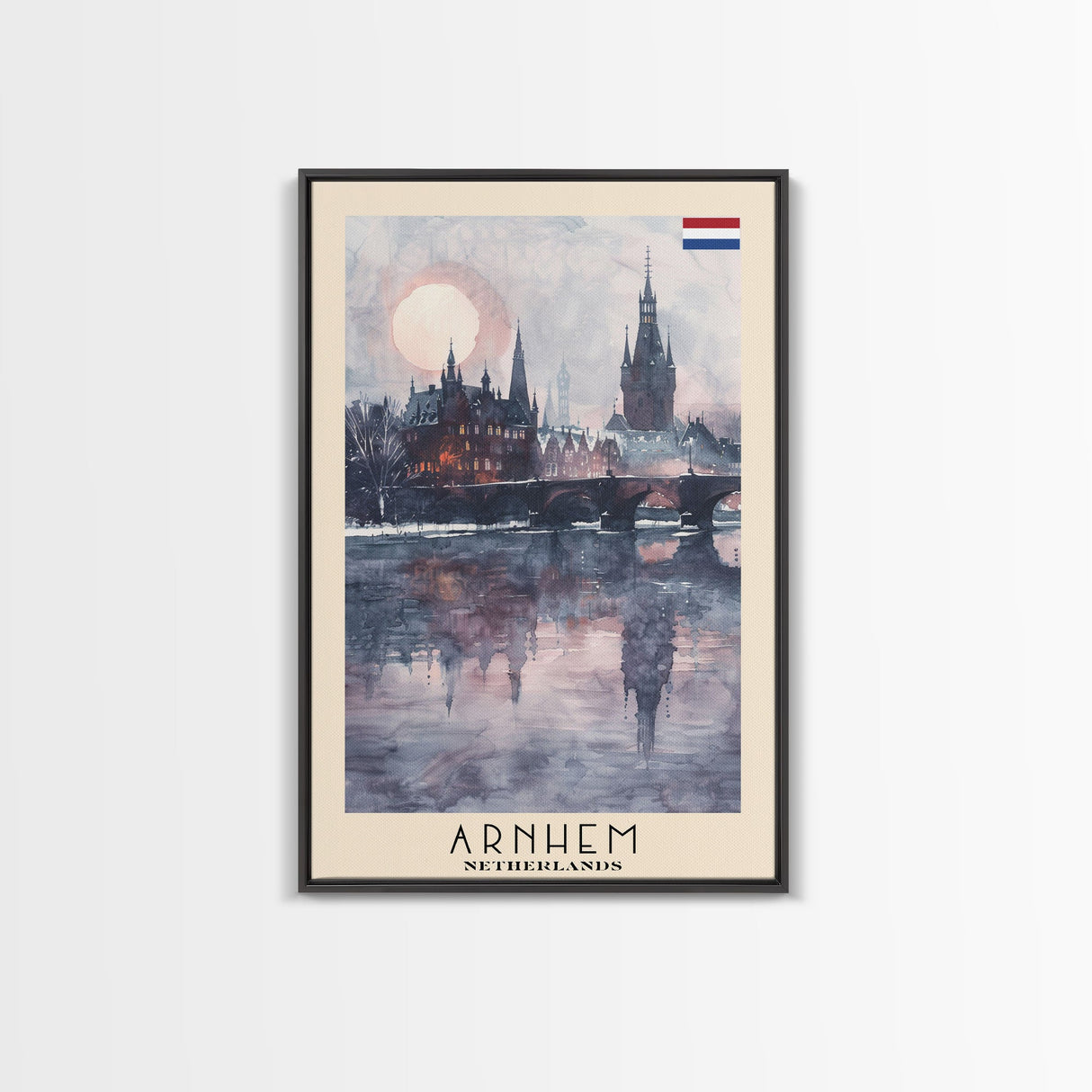 Arnhem Netherlands Travel Poster Framed Canvas Print, Wall Art, Home Decor, Vacation Print, Watercolor Painting, Cityscape Art