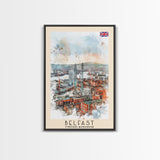 Belfast United Kingdom Travel Poster Framed Canvas Print, Wall Art, Living Room Art, Watercolor Painting, Original Art