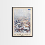 Blagoveshchensk Russia Travel Poster Framed Canvas Print, Wall Art, Home Decor, Travel Print, Winter Scene, Original Art
