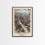 Brăila Romania Travel Poster Framed Canvas Print, Cityscape Art, Wall Decor, Travel Print, Watercolor Painting, Rustic Scene Art