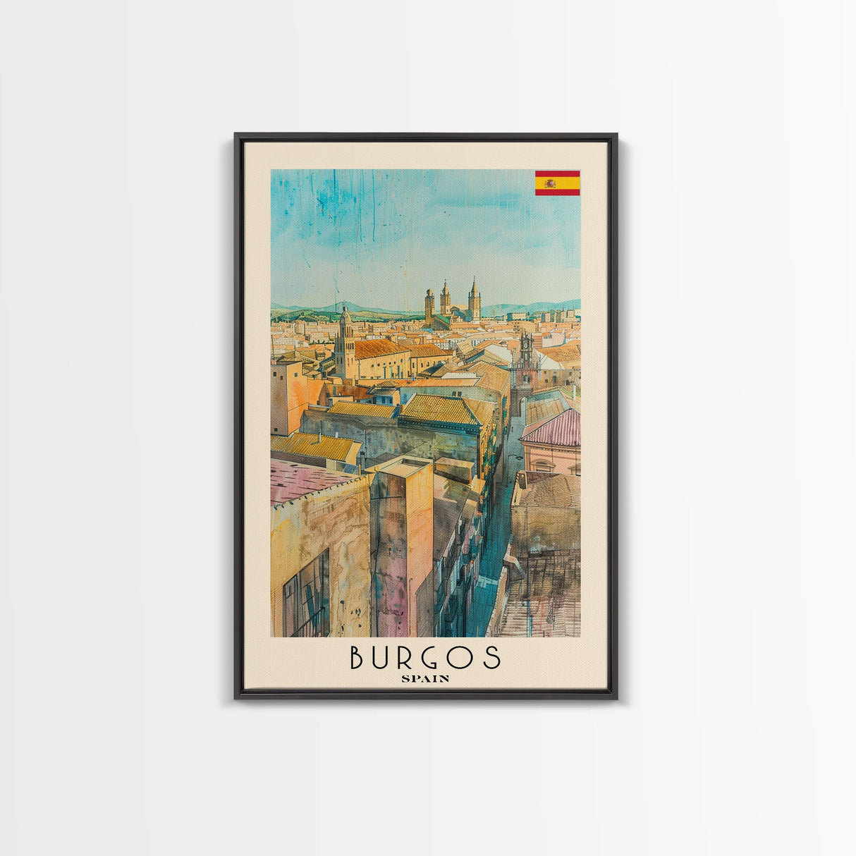 Burgos Spain Travel Poster Framed Canvas Print, Watercolor Cityscape, Wall Art, Home Decor, Living Room Art, Travel Print, Boho Style, Art Piece