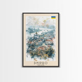 Dnipro Ukraine Urban Landscape Framed Canvas Print, Watercolor Travel Poster, Eastern European Wall Art, Elegant Home Decor, Retro Cityscape Art, Living Room Accent