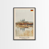 Münster Germany Travel Poster Framed Canvas Print, Historic Architecture, Watercolor Painting, Wall Art, Interior Design, Travel Print, Unique Art
