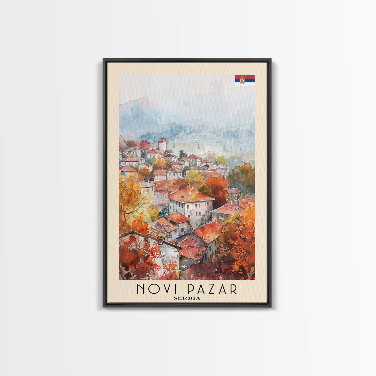 Novi Pazar Serbia Travel Poster Framed Canvas Print, Watercolor Painting, Scenic Wall Art, Home Decor, Serbian Landscape, Cultural Art