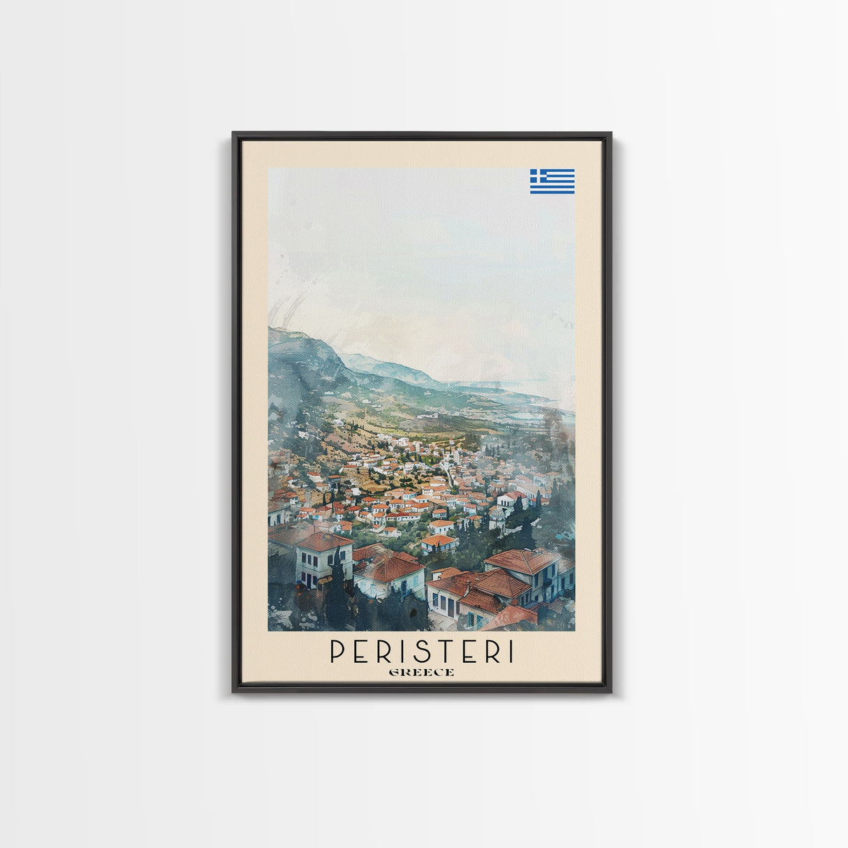 Peristeri Greece Travel Poster Framed Canvas Print, Watercolor Painting, Scenic Wall Art, Home Decor, Greek Landscape, Classic Art