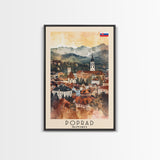 Poprad Slovakia Travel Poster Framed Canvas Print, Watercolor Painting, Scenic Wall Art, Home Decor, Slovakian Landscape, Classic Art