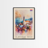 Slavonski Brod Croatia Travel Poster Framed Canvas Print, Watercolor Painting, Scenic Wall Art, Home Decor, Croatian Cityscape, Classic Art