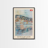 Winterthur Switzerland Travel Poster Framed Canvas Print, Watercolor Painting, Scenic Wall Art, Home Decor, Swiss Landscape, Thoughtful Gift