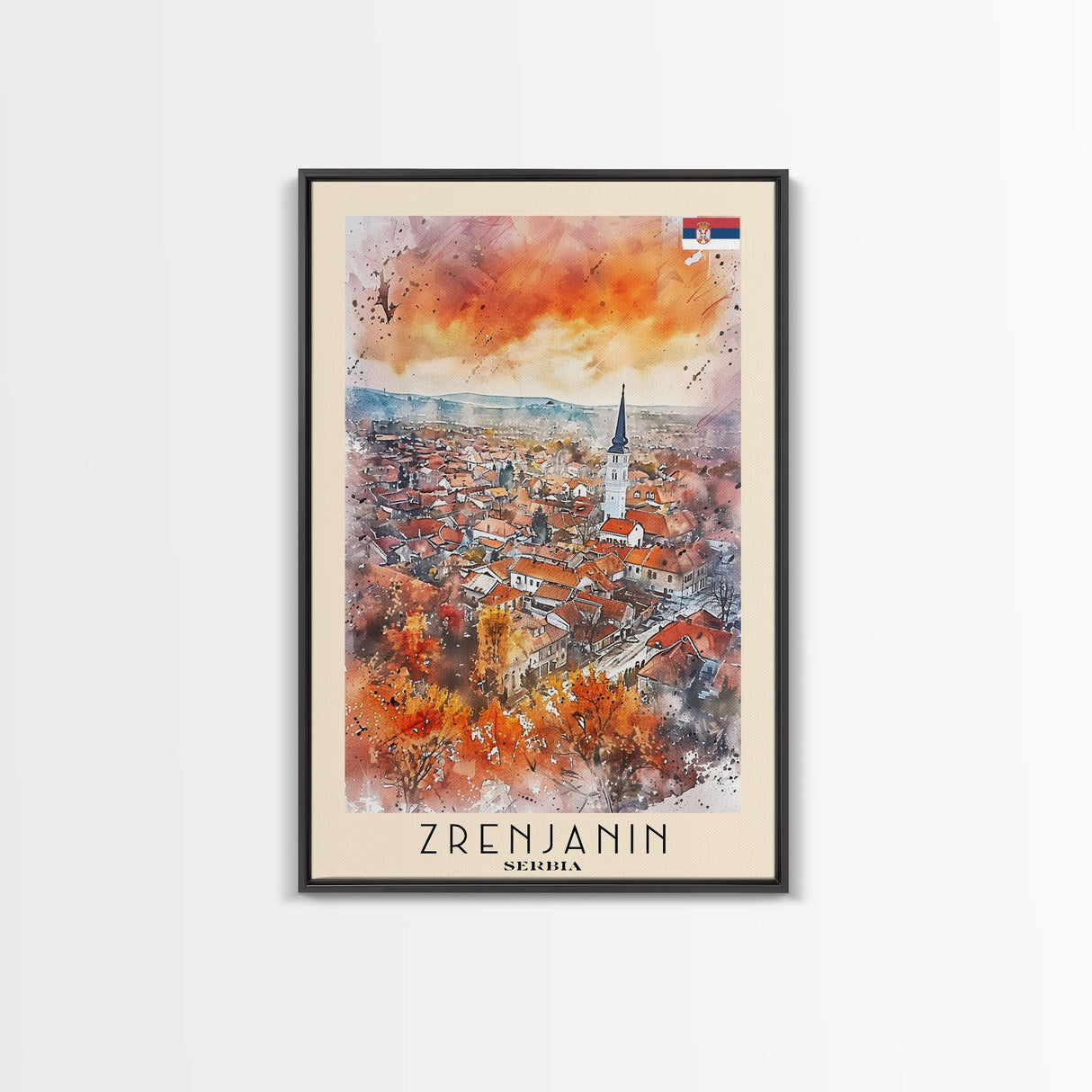Zrenjanin Serbia Travel Poster Framed Canvas Print, Watercolor Painting, Scenic Wall Art, Home Decor, Serbian Landscape, Unique Gift