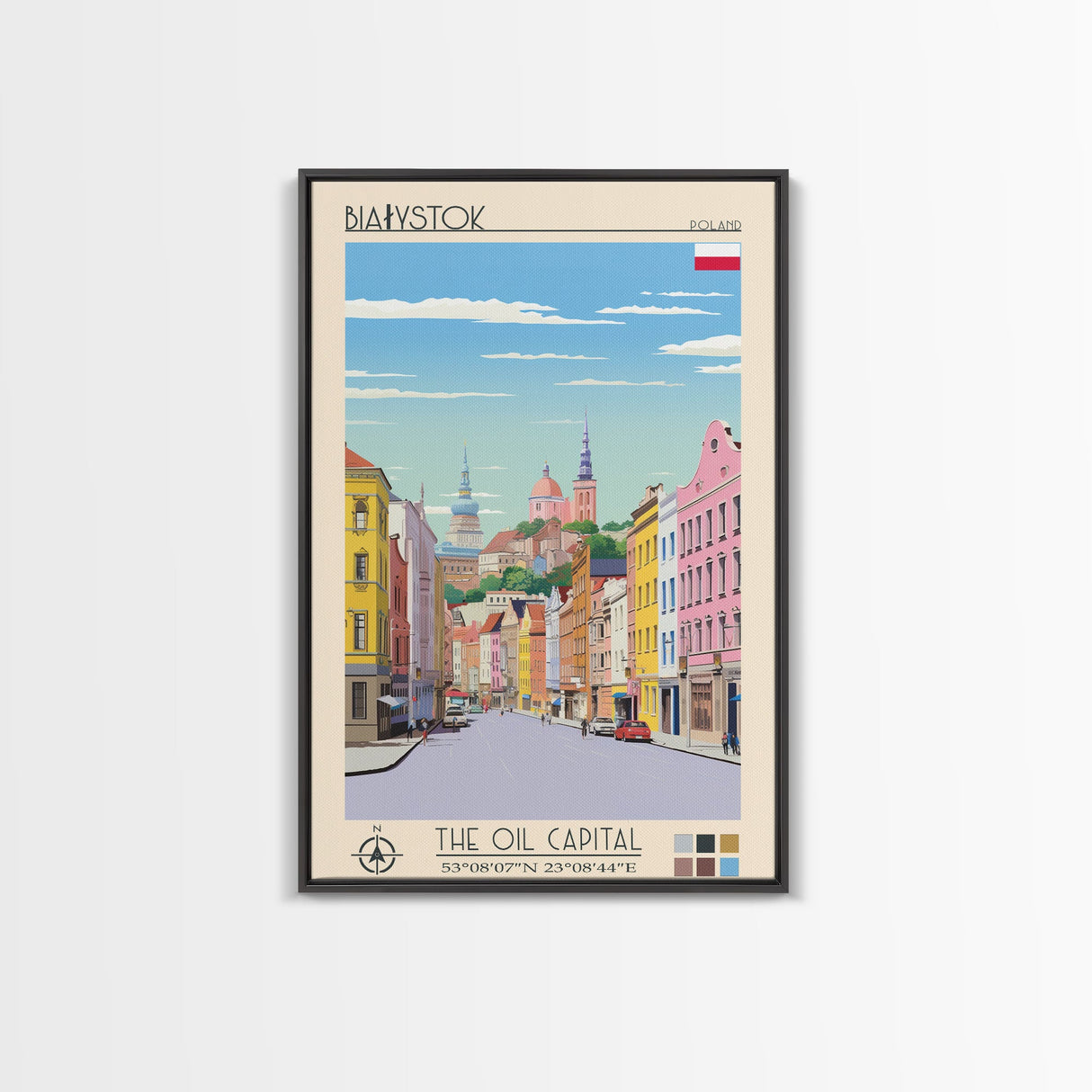 Białystok Poland Travel Poster Framed Canvas Print, Midcentury Modern Art, Pop Art Wall Decor, Home Decor, Vacation Gift, Living Room Art