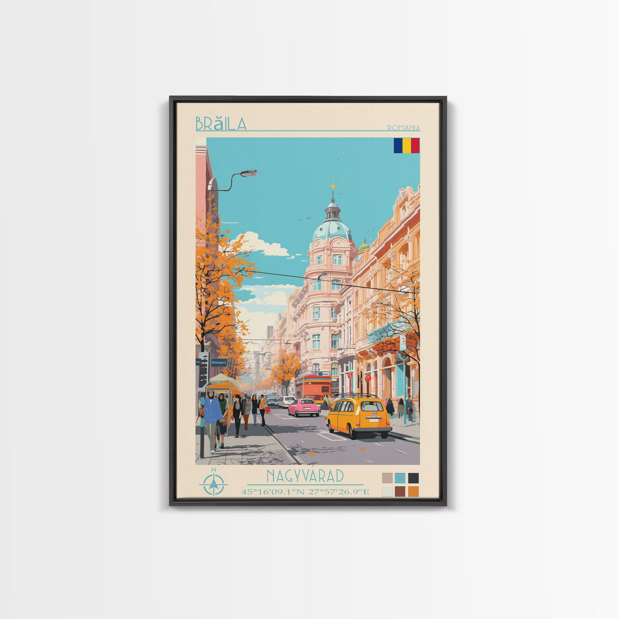 Brăila Romania Travel Poster Framed Canvas Print, Midcentury Modern Art, Pop Art Wall Decor, Home Decor, Vacation Gift, Living Room Art