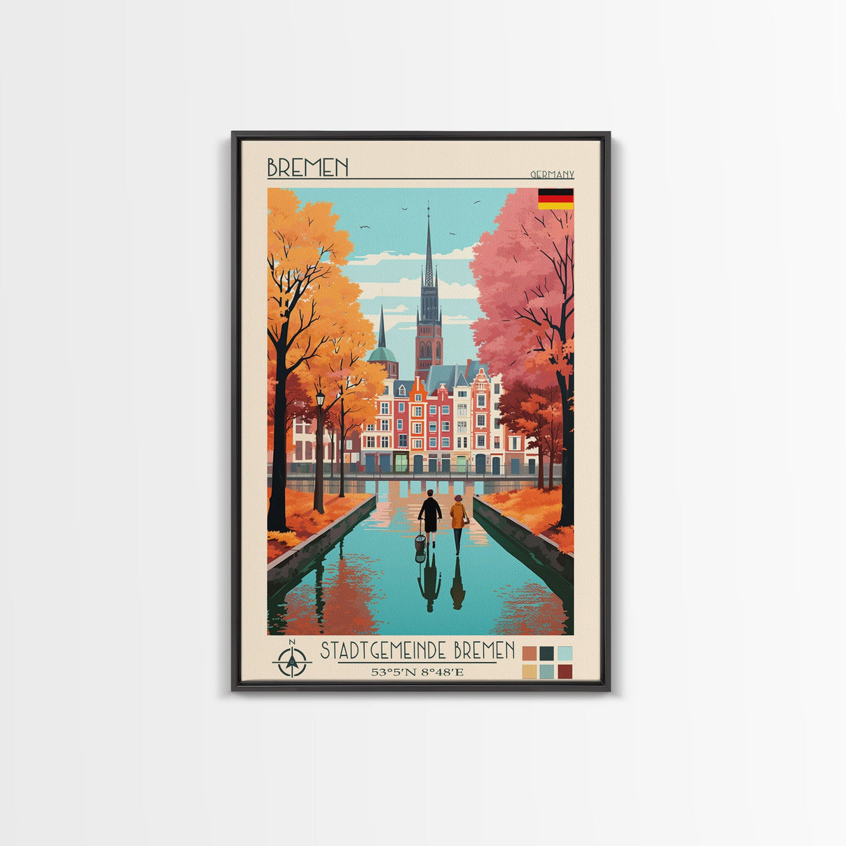 Bremen Germany Travel Poster Framed Canvas Print, Midcentury Modern Art, Pop Art Wall Decor, Home Decor, Vacation Gift, Living Room Art