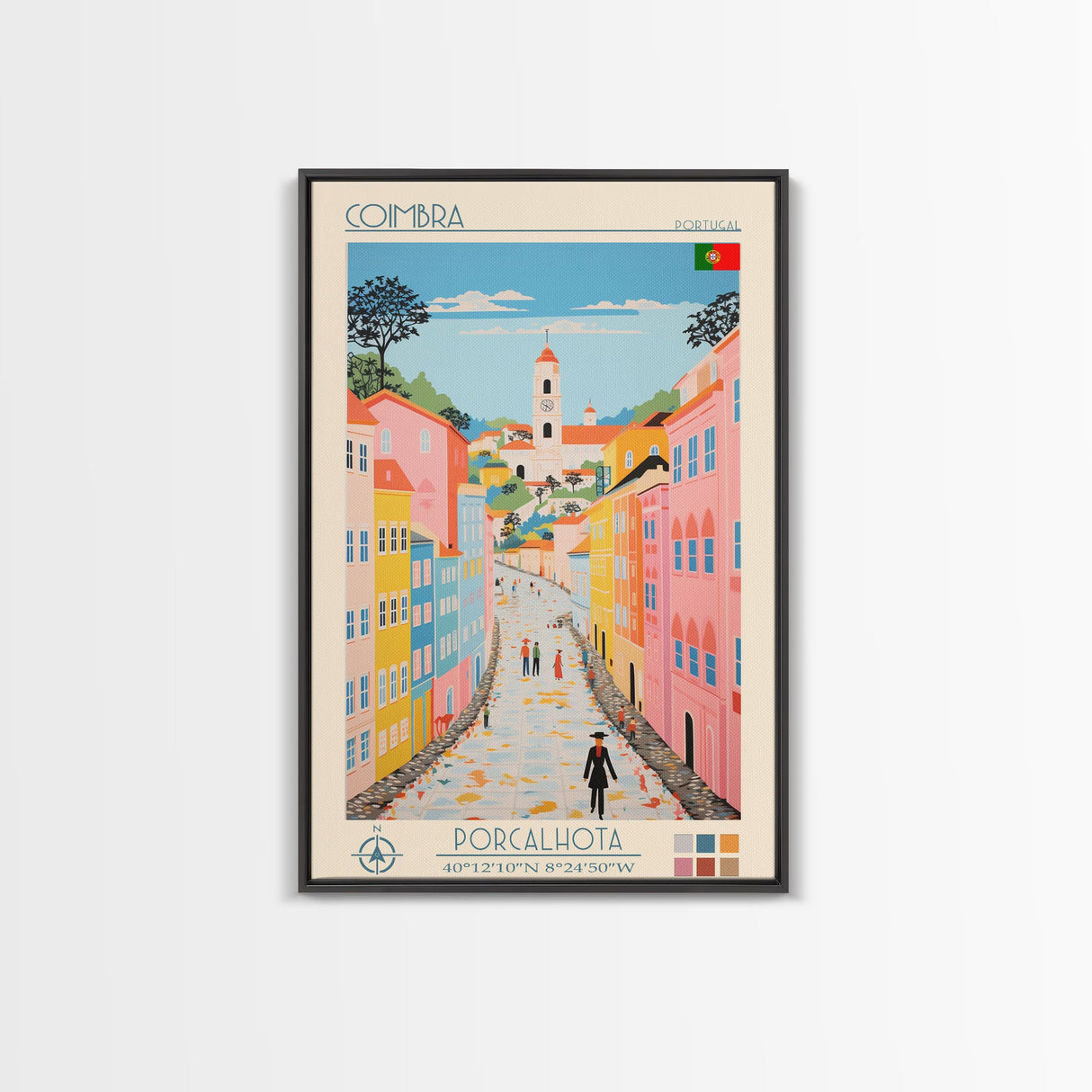 Coimbra Portugal Travel Poster Framed Canvas Print, Midcentury Modern Art, Pop Art Wall Decor, Home Decor, Vacation Gift, Living Room Art