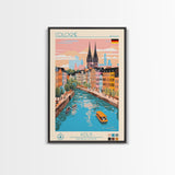 Cologne Germany Travel Poster Framed Canvas Print, Midcentury Modern Art, Pop Art Wall Decor, Scenic Wall Art, Living Room Art