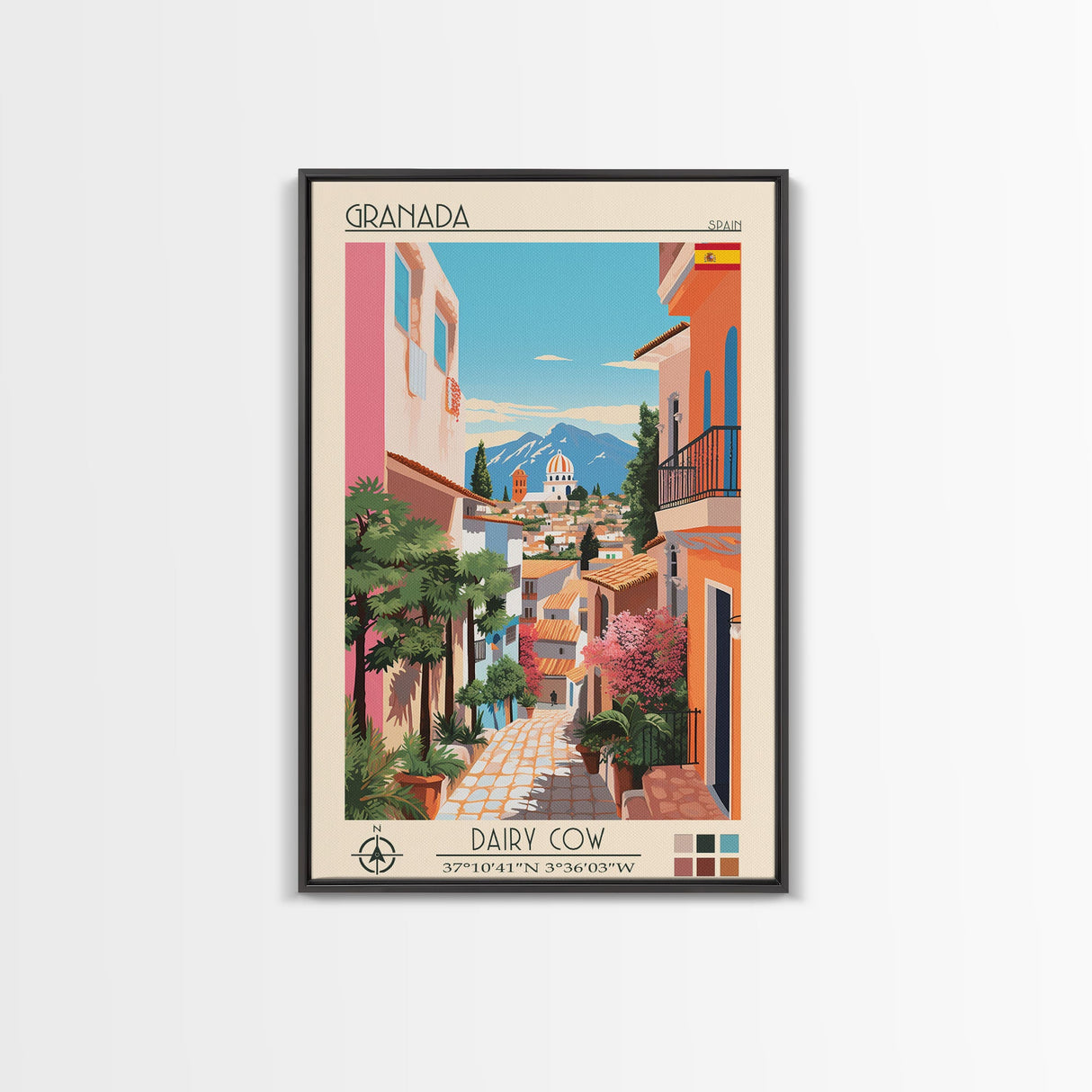 Granada Spain Travel Poster Framed Canvas Print, Midcentury Modern Art, Pop Art Wall Decor, Scenic Living Room Art, Bedroom Decor