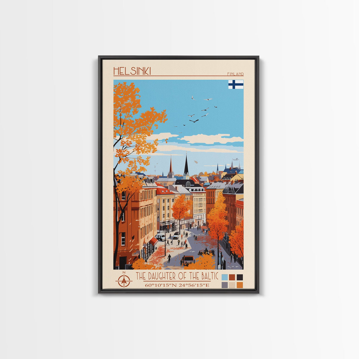 Helsinki Finland Travel Poster Framed Canvas Print, Midcentury Modern Art, Pop Art Wall Decor, Scenic Bedroom Art, Office Decoration