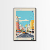 Joensuu Finland Travel Poster Framed Canvas Print, Midcentury Modern Art, Pop Art Wall Decor, Scenic Living Room Art, Bedroom Decor
