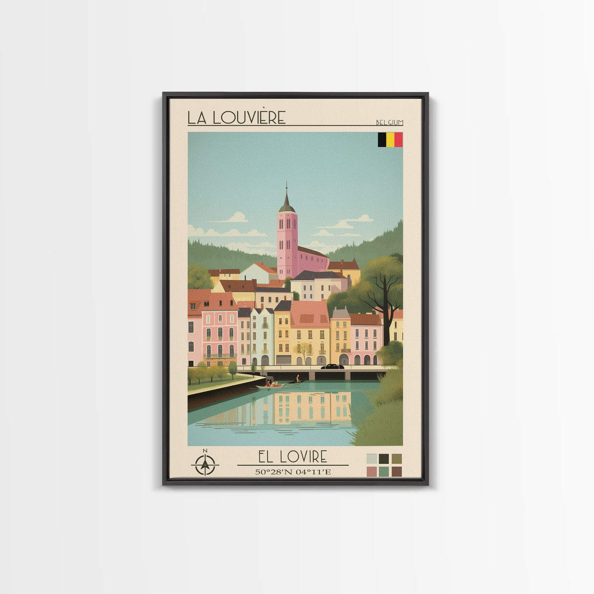 La Louvière Belgium Travel Poster Framed Canvas Print, Midcentury Modern Art, Pop Art Wall Decor, Scenic Living Room Art, Bedroom Gift