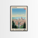 Lausanne Switzerland Travel Poster Framed Canvas Print, Midcentury Modern Art, Pop Art Wall Decor, Scenic Wall Art, Living Room Decoration, Office Art
