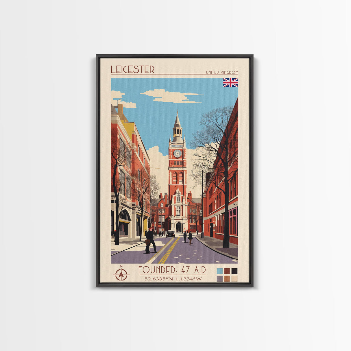 Leicester United Kingdom Travel Poster Framed Canvas Print, Midcentury Modern Art, Pop Art Wall Decor, Home Decor, Vacation Gift, Office Art