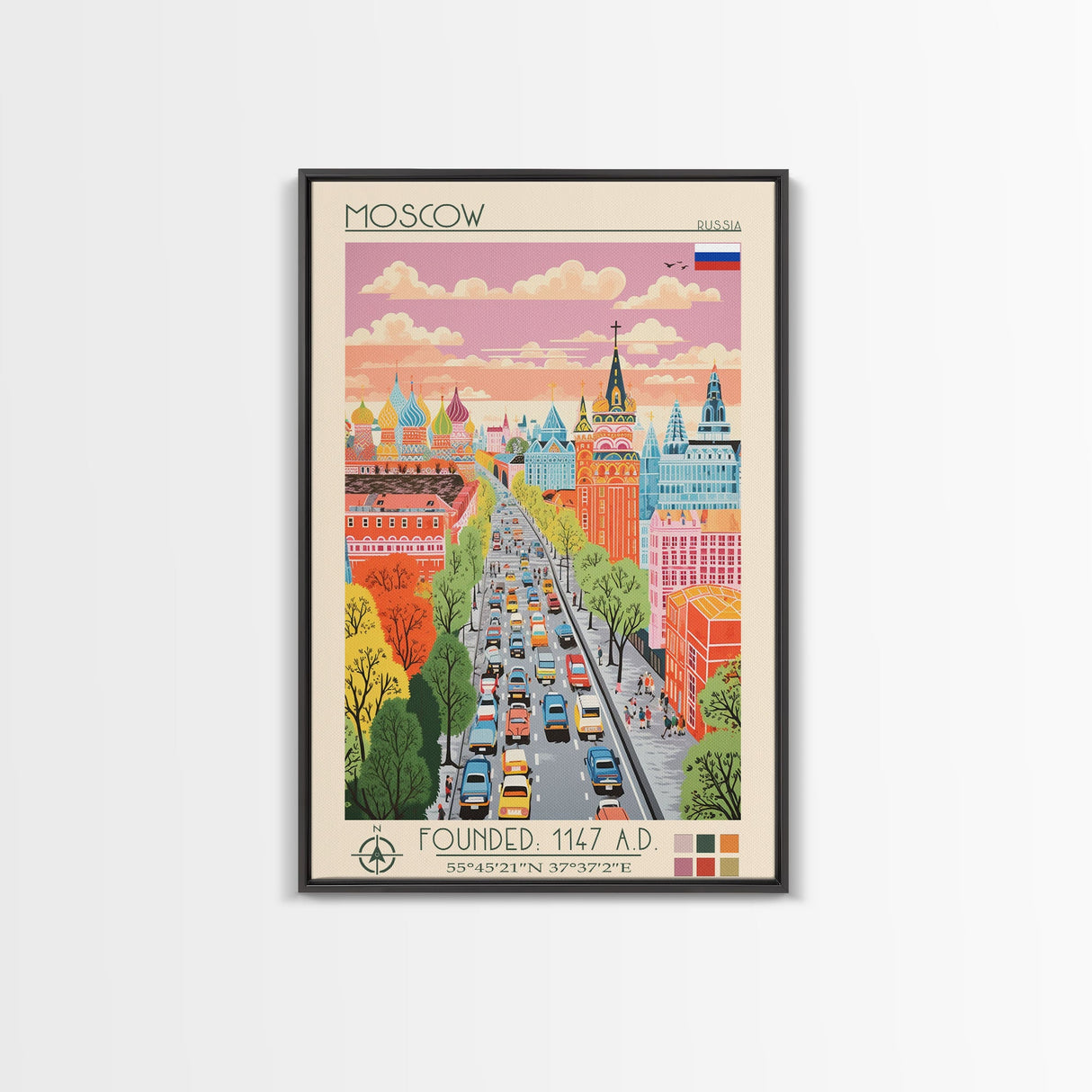 Moscow Russia Travel Poster Framed Canvas Print, Midcentury Modern Art, Pop Art Wall Decor, Scenic Wall Art, Living Room Decoration, Office Art