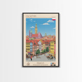 Olsztyn Poland Travel Poster Framed Canvas Print, Midcentury Modern Art, Pop Art Wall Decor, Scenic Wall Art, Bedroom Decoration