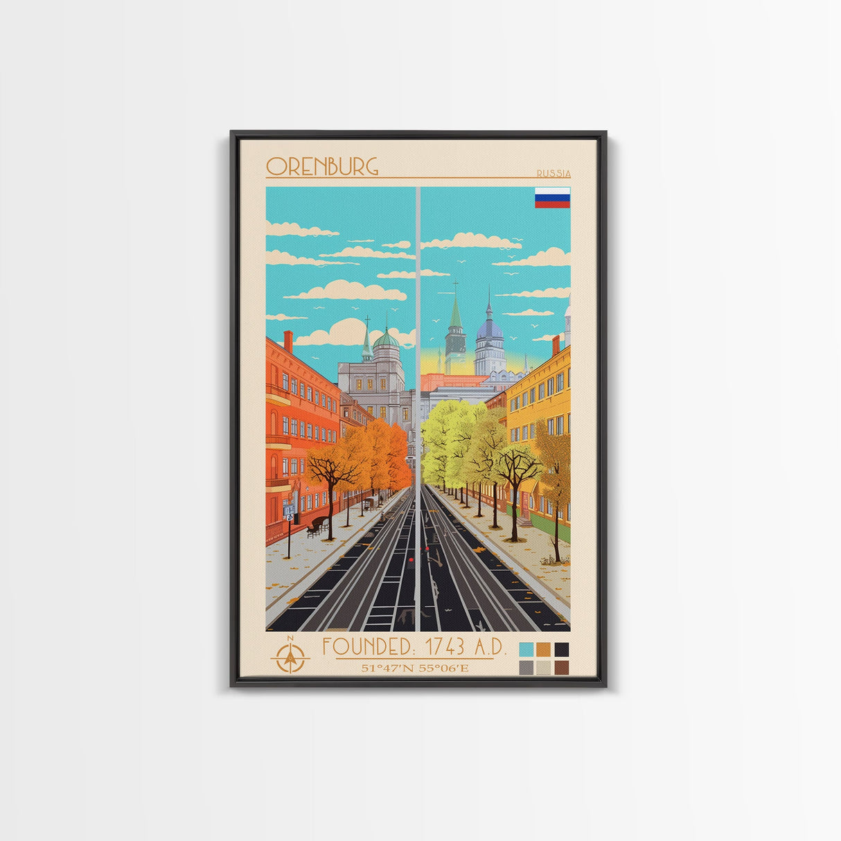 Orenburg Russia Travel Poster Framed Canvas Print, Midcentury Modern Art, Pop Art Wall Decor, Scenic Living Room Art, Bedroom Decor