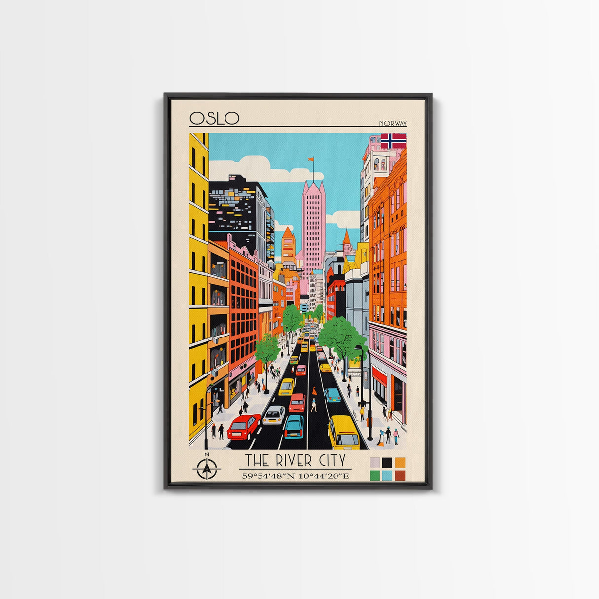 Oslo Norway Travel Poster Framed Canvas Print, Midcentury Modern Art, Pop Art Wall Decor, Scenic Living Room Art, Bedroom Gift