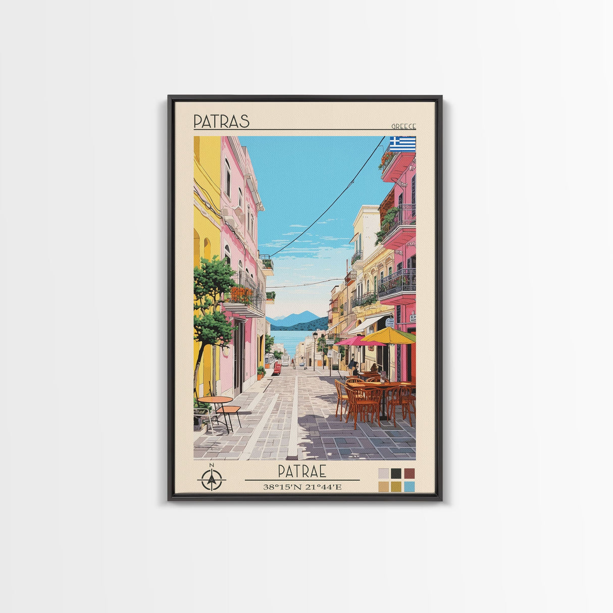 Patras Greece Travel Poster Framed Canvas Print, Midcentury Modern Art, Pop Art Wall Decor, Scenic Wall Art, Living Room Decoration, Office Art