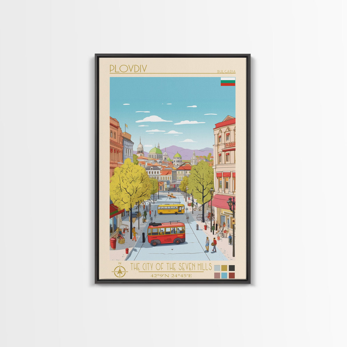 Plovdiv Bulgaria Travel Poster Framed Canvas Print, Midcentury Modern Art, Pop Art Wall Decor, Living Room Art, Home Decoration