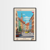 Poznań Poland Travel Poster Framed Canvas Print, Midcentury Modern Art, Pop Art Wall Decor, Scenic Bedroom Art, Office Decoration