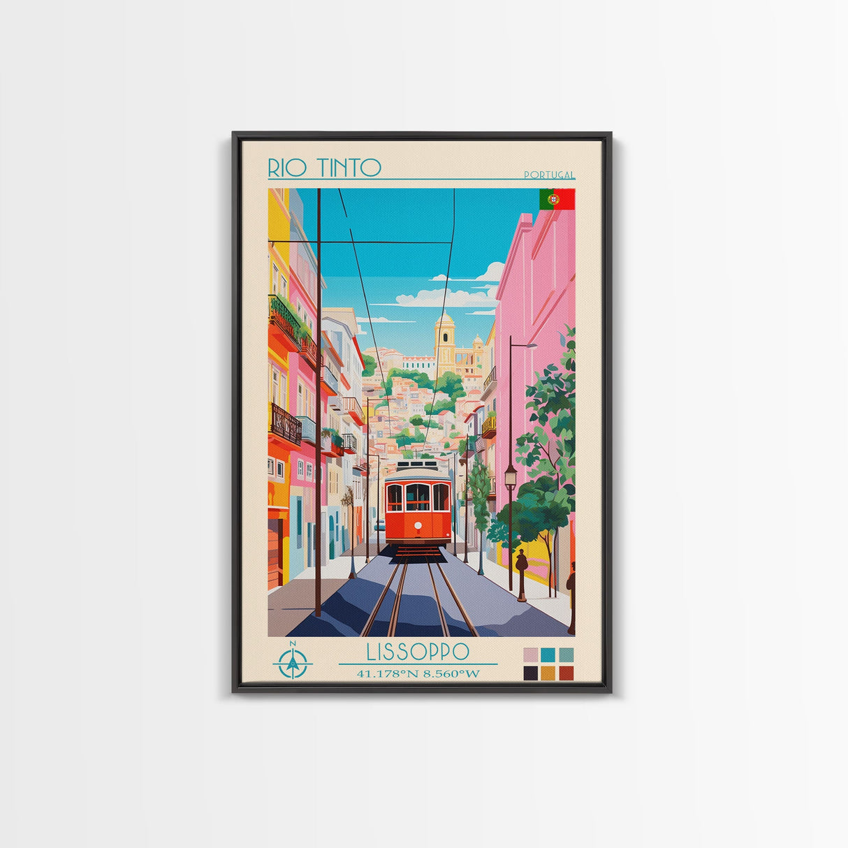 Rio Tinto Portugal Travel Poster Framed Canvas Print, Midcentury Modern Art, Pop Art Wall Decor, Scenic Living Room Art, Bedroom Decor