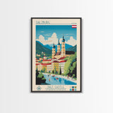 Salzburg Austria Travel Poster Framed Canvas Print, Midcentury Modern Art, Pop Art Wall Decor, Scenic Wall Art, Bedroom Art